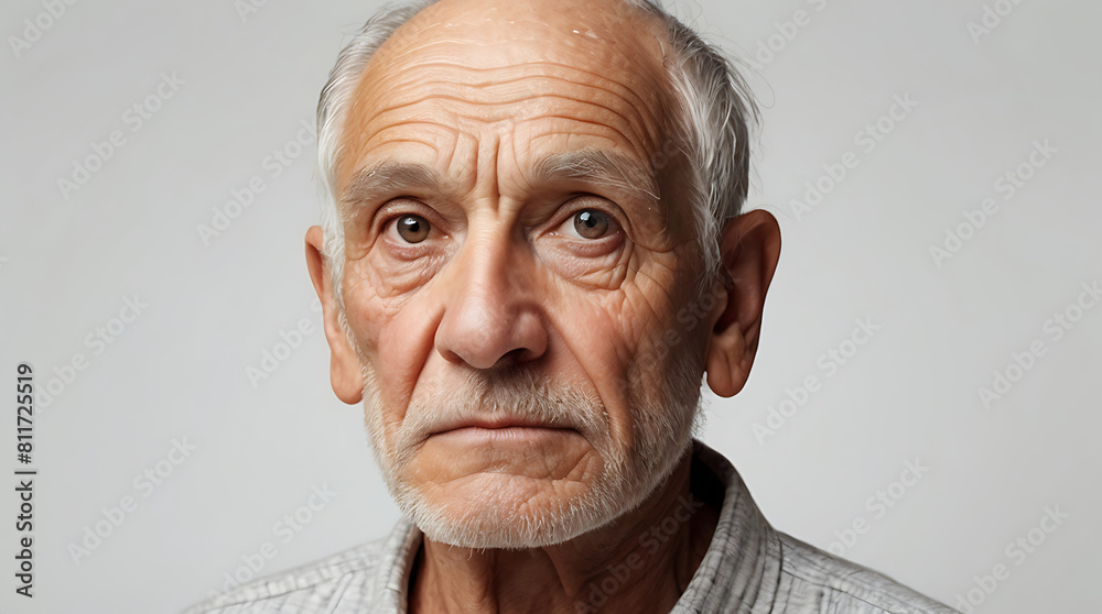 Portrait of an old man wwrinkled face on a plain white background with ...