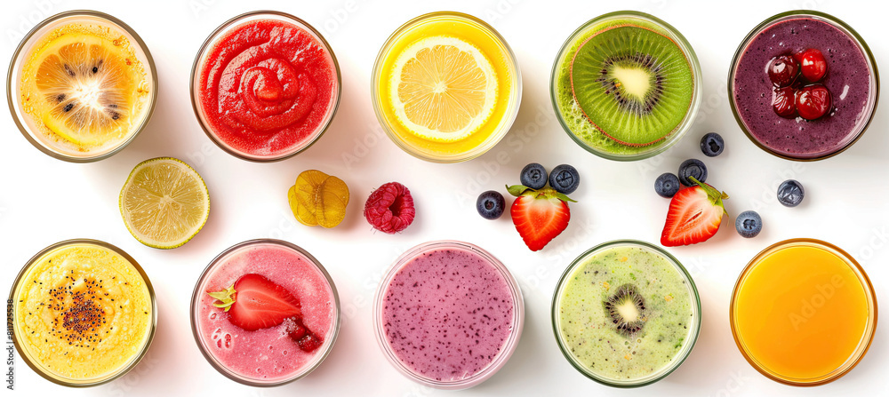 various smoothies isolated on white background, top view various smoothies isolated on white background, top view