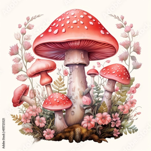 Red and white spotted mushrooms of various sizes grow in a lush field of pink flowers and green grass. photo