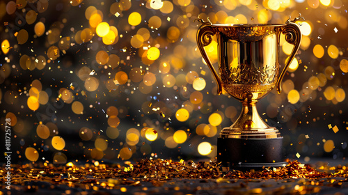 A gold trophy on a black background with bokeh lights.