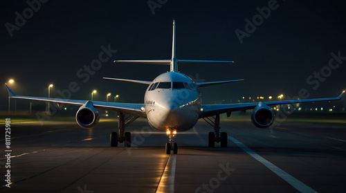 Front view of an airplane or aero plane running on the runway in night time, flight plane, landing