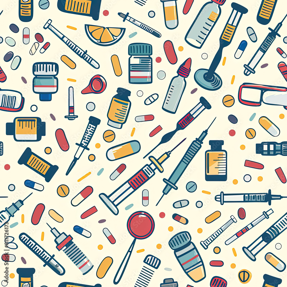 Seamless pattern of  playful and colorful pattern showcasing a variety of medical equipment, including syringes, pills, and vials, designed in a charming hand-drawn style.