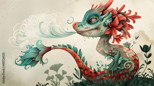 A colorful cartoon dragon decorates the wall in a whimsical fantasy style