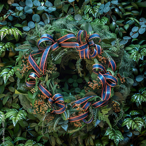 Memorial Day wreath captured in close-up, surrounded by dense, green leaves. photo