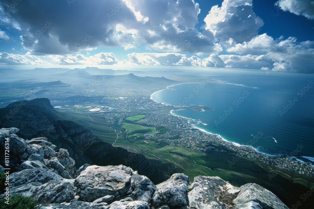 Coast and city view from the top of a mountain - Table Mountain, Cape Town, South Africa. Beautiful simple AI generated image in 4K, unique.