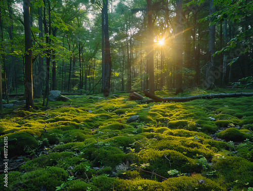 A forest with green moss and trees.