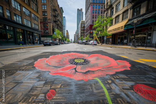 City street chalk drawing of a poppy, commemorating Memorial Day in artistic style. photo