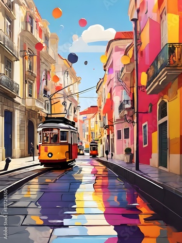 Splash Colors Colorful and Modern city Lisbon with sights - vector. Portugal Lisbon retro city poster with abstract shapes of landmarks, street and trams. 