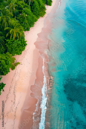 Aerial view of a beach with palm trees.