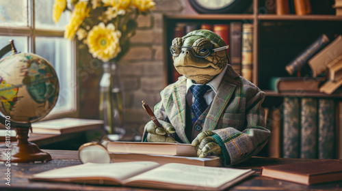 Suited turtle sitting at a desk, surrounded by symbols of knowledge and productivity photo