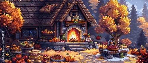 Pixel Art Autumn Feast A pixel art illustration of a cozy cabin with a warm fireplace and a delicious looking autumn feast laid out on the table