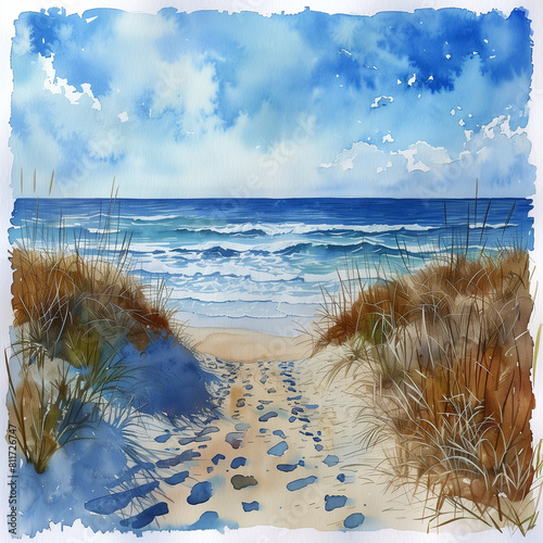 Realistic Sea beach background in watercolor style pink, blue beige pastel color, muted tones. Painting of sand dunes, path with foot step & sea. Sea side art banner with copy space.