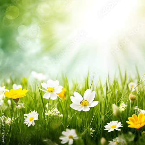 spring background with green grass and white et yellow flowers,generate ai