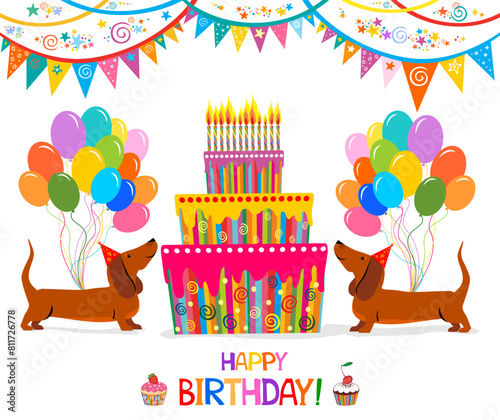 Happy Birthday to you! Dachshund dog. Cute cartoon character. Balloons, Birthday cake and hat. Happy Birthday greeting card. Flat design. Kid greeting card template. Vector illustration