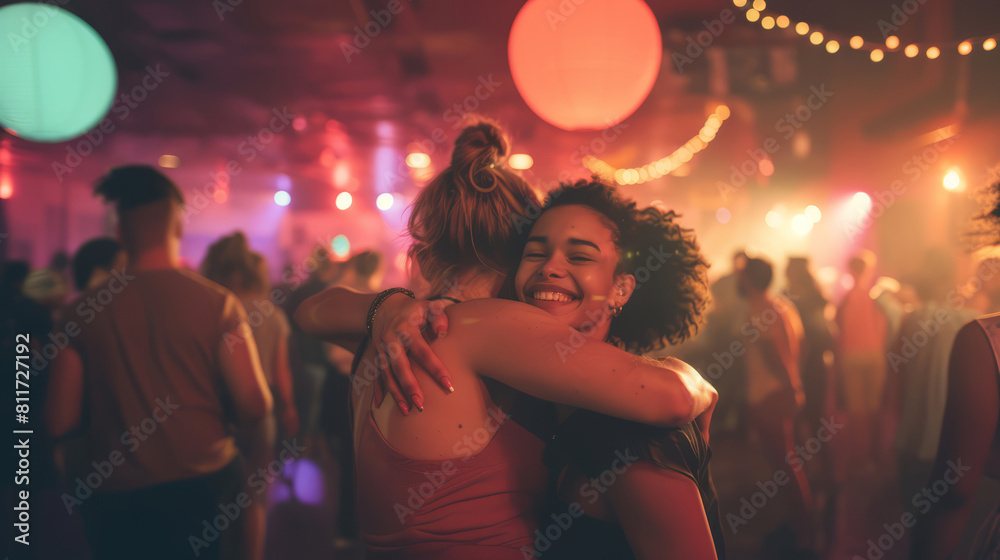 Two women hug each other in a crowded room Two women hug each other in a crowded room