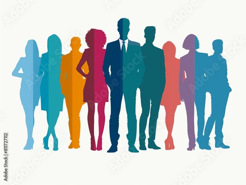 The image shows a group of people of different colors  standing together. The people are all wearing business suits.