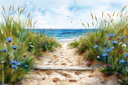 Realistic Sea beach background in watercolor style green, blue beige pastel color, muted tones. Painting of sand dunes, path with foot step & sea. Sea side art banner with copy space.