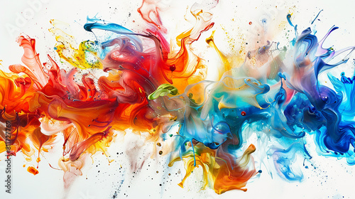 Vibrant Color Explosion on a White Backdrop: Creating a Mesmerizing Display of Energy and Creativity. Perfect for Adding a Pop of Color to Any Project