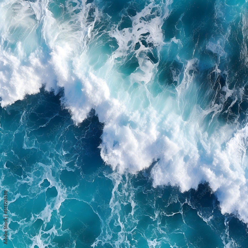 Aerial view of blue and white ocean waves. Generative AI.