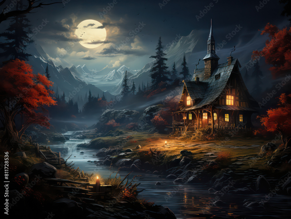 Cabin in the Wood, Cartoon Illustration, Generative AI Cabin in the Wood, Cartoon Illustration, Generative AI
