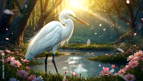 illustration of a white stork on a flower background river photo