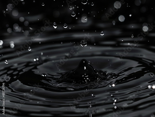 A black water drop with water droplets.