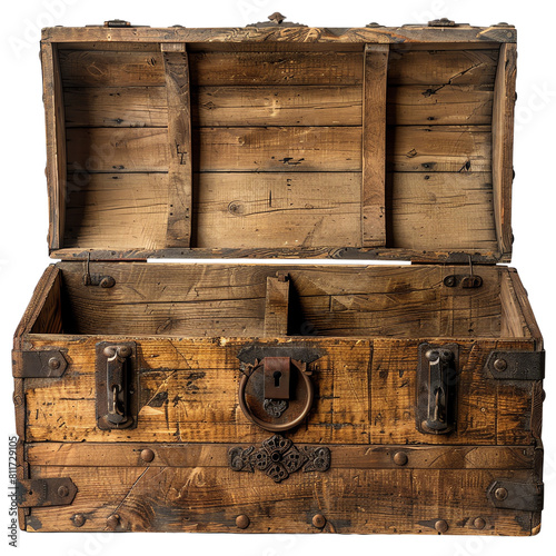 An open wooden treasure chest with a metal latch.