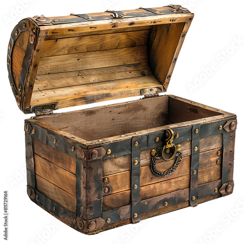 An open wooden treasure chest with metal hardware.
