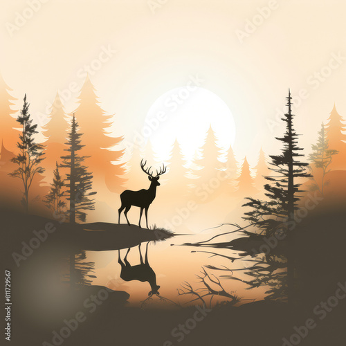 A deer stands in front of a forest with a sun in the background