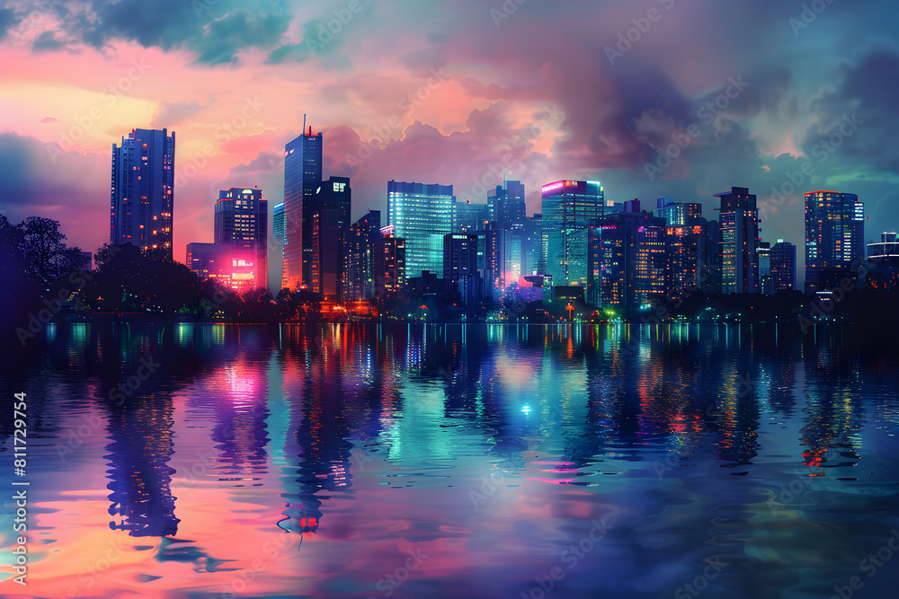 Vibrant Urban Cityscape at Dusk with Reflections and Illuminated Skyscrapers