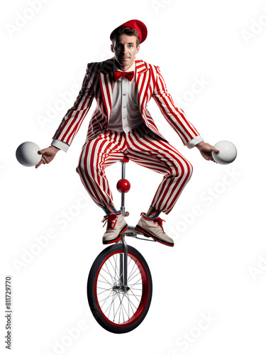 a joker sit on one wheel cycle by balancing him self holding two white balls in his hand wearing red and white stripped joker costumes