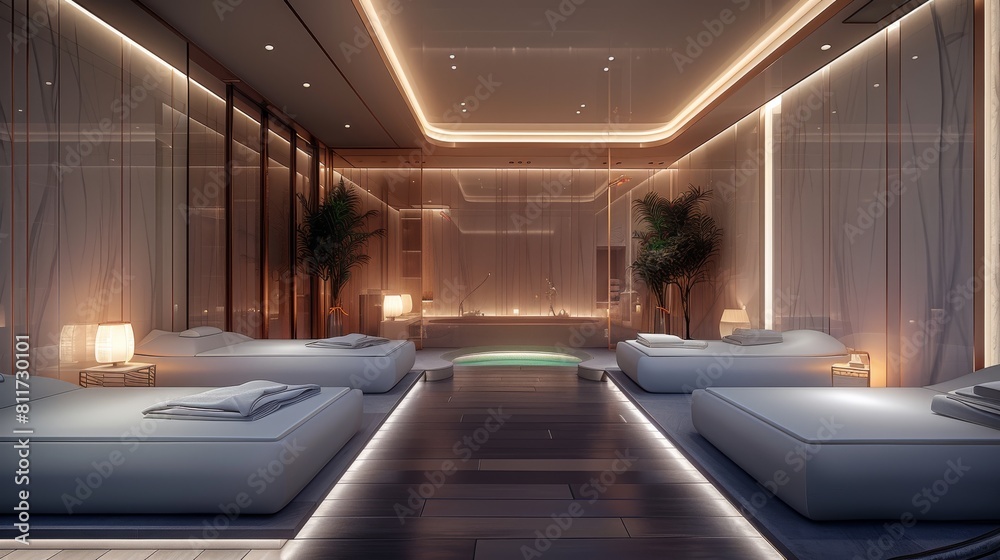 Obraz premium An elegant, minimalist spa with a very luxurious atmosphere. Massage beds with ergonomic design and soft lighting. Generative AI.