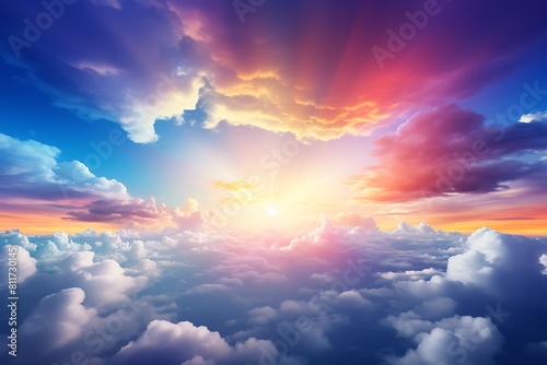 Beautiful aerial view above clouds at sunset. 3d illustration.