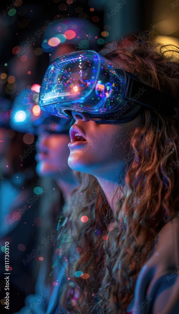 Woman Wearing VR Headset Experiencing Immersive Virtual Reality | Metaverse and Gaming Technology Concept for Marketing, Technology Articles and Innovation Woman Wearing VR Headset Experiencing Immersive Virtual Reality | Metaverse and Gaming Technology Concept for Marketing, Technology Articles and Innovation