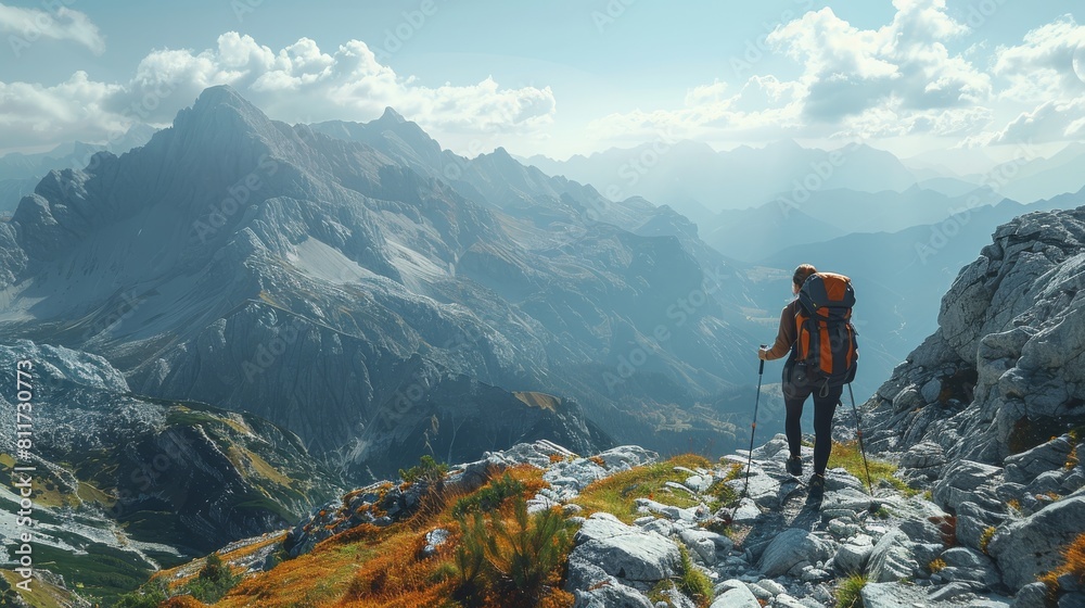 Obraz premium A hikers traversing a steep mountain pass, the rocky terrain and sweeping vistas creating an unforgettable outdoor adventure, copy space. Generative AI.