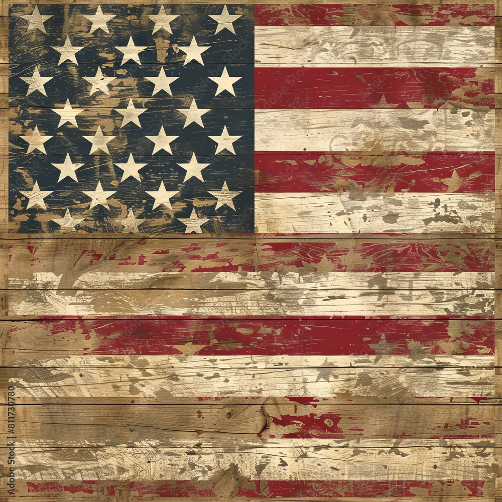 Bleached oak wood hosts a muted USA flag, offering a serene Memorial Day reflection. Bleached oak wood hosts a muted USA flag, offering a serene Memorial Day reflection.