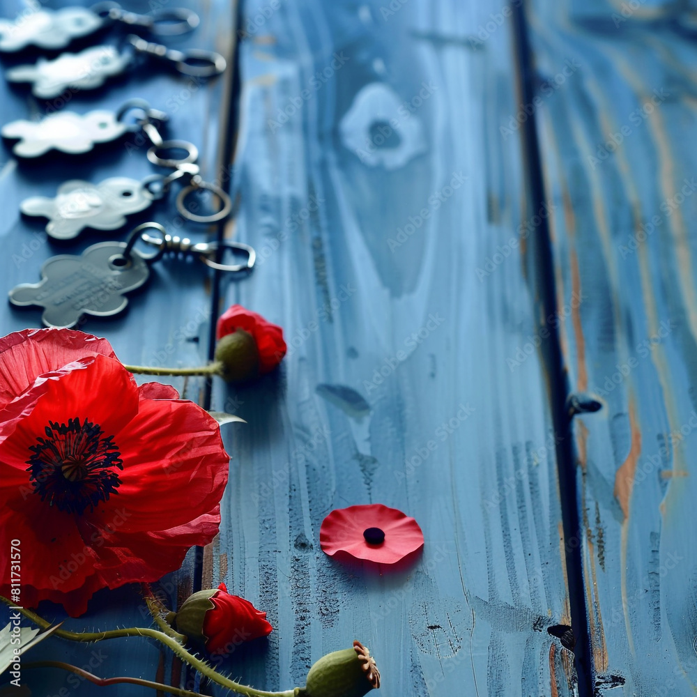 Red poppy and military dog tags on a vintage blue table commemorate ...