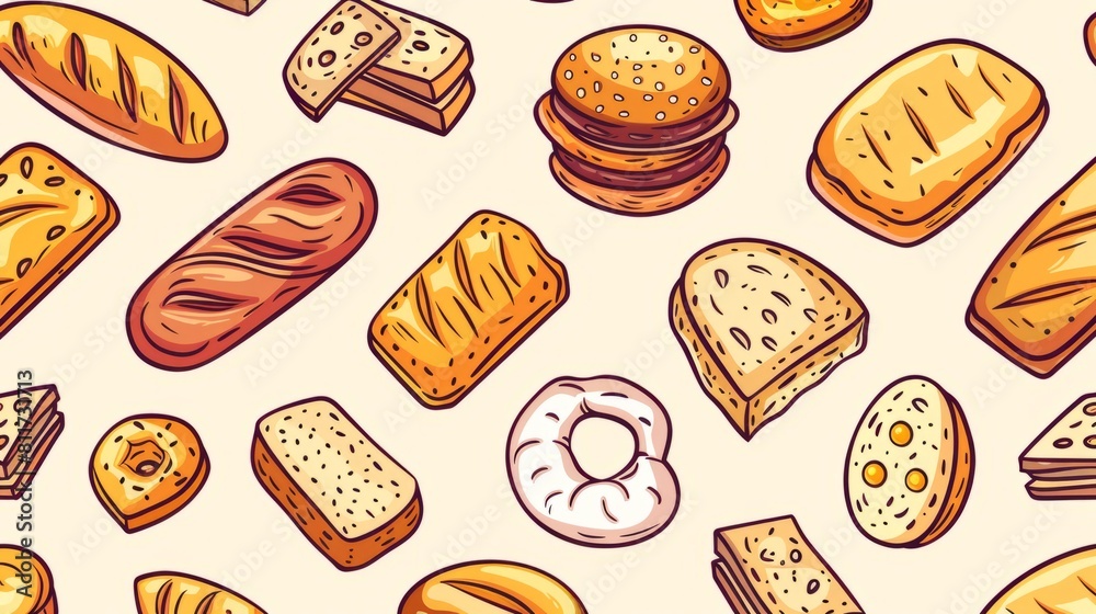 Illustration of a retro-style bread pattern. Homemade bread. Flour products. Dough products Illustration of a retro-style bread pattern. Homemade bread. Flour products. Dough products