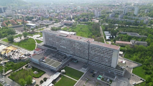 Aerial footage of the Saint George university hospital in Plovdiv.  Drone shot of the state medical hospital Sveti Georgi in the second largest city of Bulgaria. Brutalist architectures of surgeries.
 photo