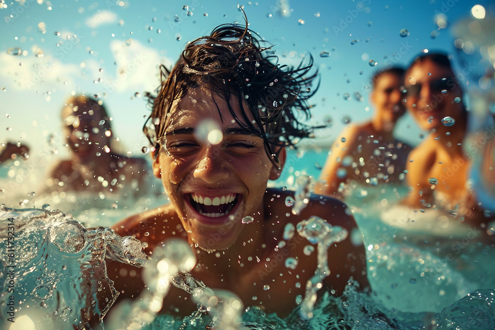Joyful Group of Friends Splashing in Sea at Sunset Joyful Group of Friends Splashing in Sea at Sunset
