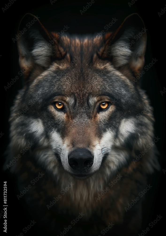 Fototapeta premium Close-up of a wolf's face against a dark background