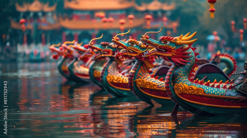 Chinese dragon boats lined up on the river, Chinese style architecture, festive colors, red and gold decorations