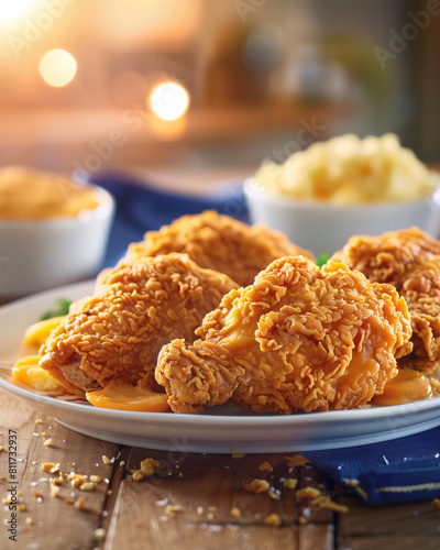 Golden Fried Chicken in the plate on the table with mash potato blurred in the background