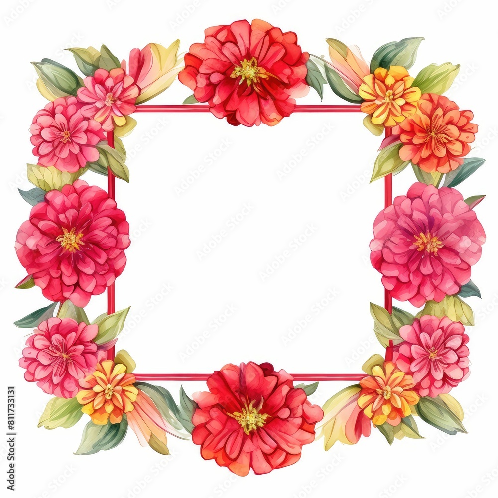 zinnia themed frame or border for photos and text. bold and vibrant colors. watercolor illustration, flowers frame, botanical border, An illustration for printing design, textile.