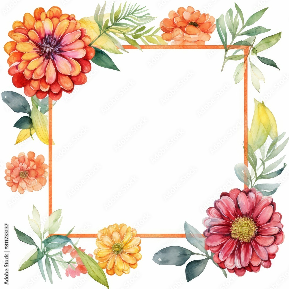 zinnia themed frame or border for photos and text. bold and vibrant colors. watercolor illustration, flowers frame, botanical border, An illustration for printing design, textile. zinnia themed frame or border for photos and text. bold and vibrant colors. watercolor illustration, flowers frame, botanical border, An illustration for printing design, textile.