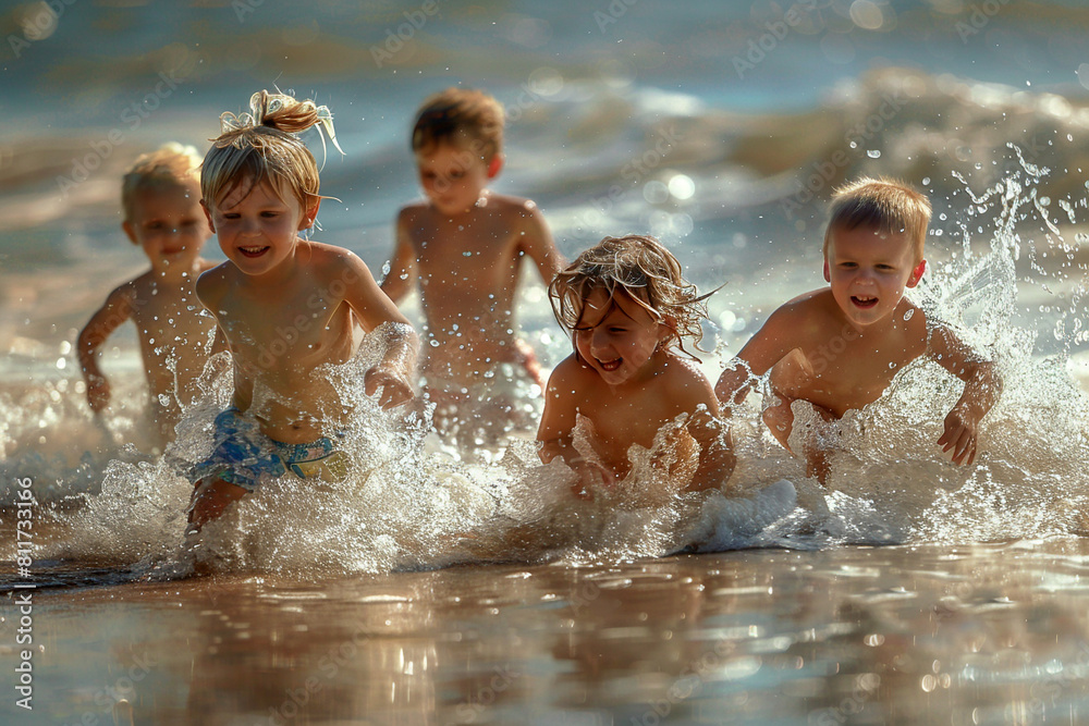 Joyful Children Playing in the Sea Waves Joyful Children Playing in the Sea Waves