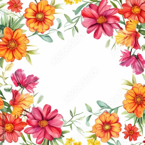 zinnia themed frame or border for photos and text. bold and vibrant colors. watercolor illustration  flowers frame  botanical border  An illustration for printing design  textile.
