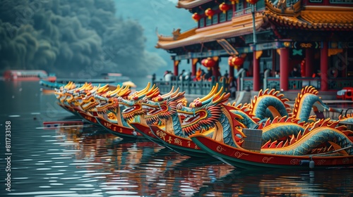 Chinese dragon boats lined up on the river  Chinese style architecture  festive colors