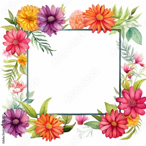 zinnia themed frame or border for photos and text. bold and vibrant colors. watercolor illustration, flowers frame, botanical border, An illustration for printing design, textile.
