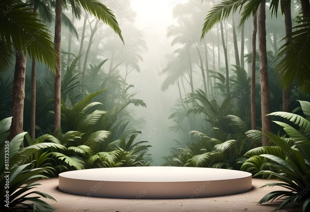 A tropical forest with a round table and a round table with a circle with a palm tree in the background A tropical forest with a round table and a round table with a circle with a palm tree in the background